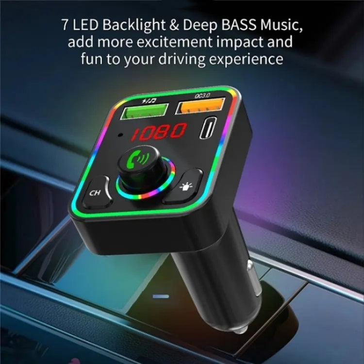 PDF3 7-Color Lights Hands-Free Bluetooth Calling MP3 Wireless Player PD/QC3.0 Fast Car Charger, PDF3