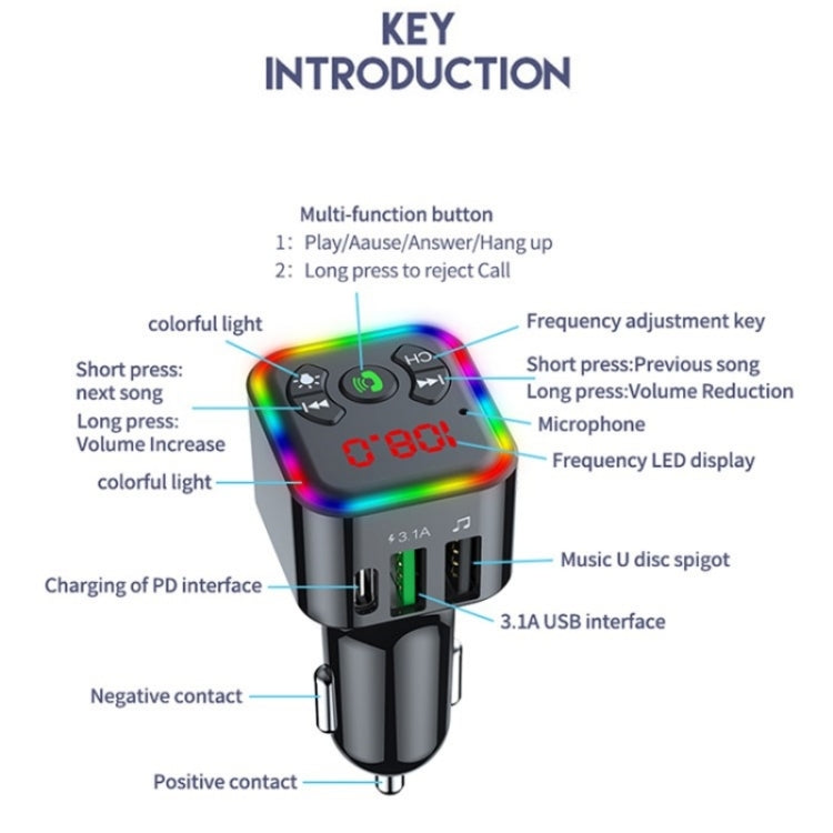 Colorful light Car Hands-free Call Bluetooth Receiver Support U Disk MP3 Player, F10