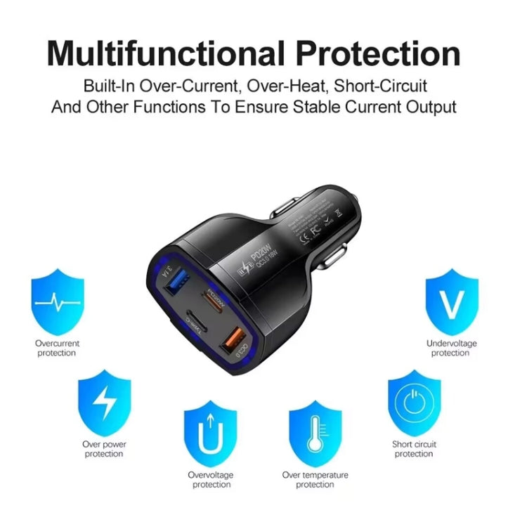 P49 53W PD20W Type-C + USB 4-port Car Charger with USB to Type-C Data Cable, USB to Type-C Data Cable