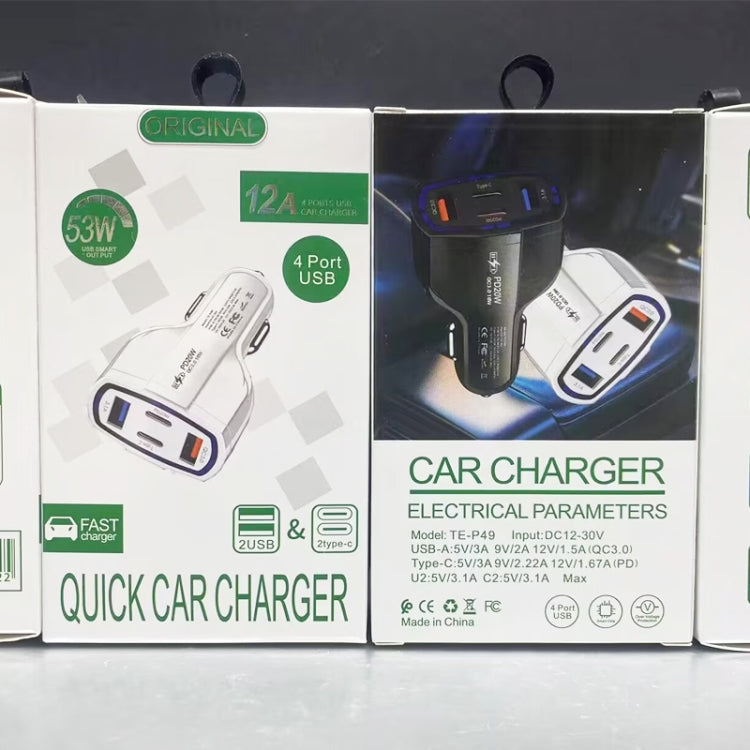 P49 53W PD20W Type-C + USB 4-port Car Charger with USB to Type-C Data Cable, USB to Type-C Data Cable