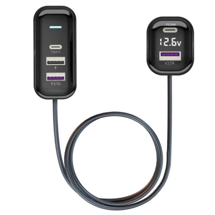YQ6 PD 30W Fast Charging 2 x Type-C + 3 x USB Car Charger with 1.5m Extension Cable, YQ6