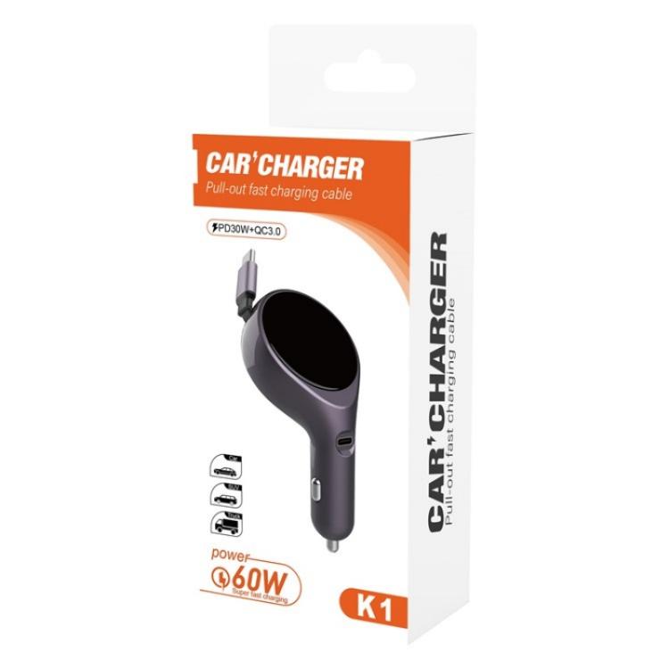 K1 With Retractable Cable Car Charger Type-C PD 20W Fast Charging Adapter, K1