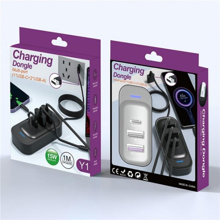Y1 Type-C and Dual USB Car Rear Seat Charger Fast Charging Adapter with 1m Extension Cable, Y1