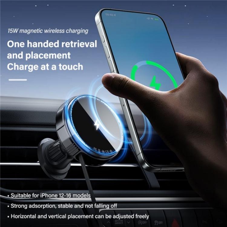 X02 With Retractable Cable 15W Car Air Vent Mount Magnetic Phone Holder Wireless Charger, X02 (Black), X02 (Silver)