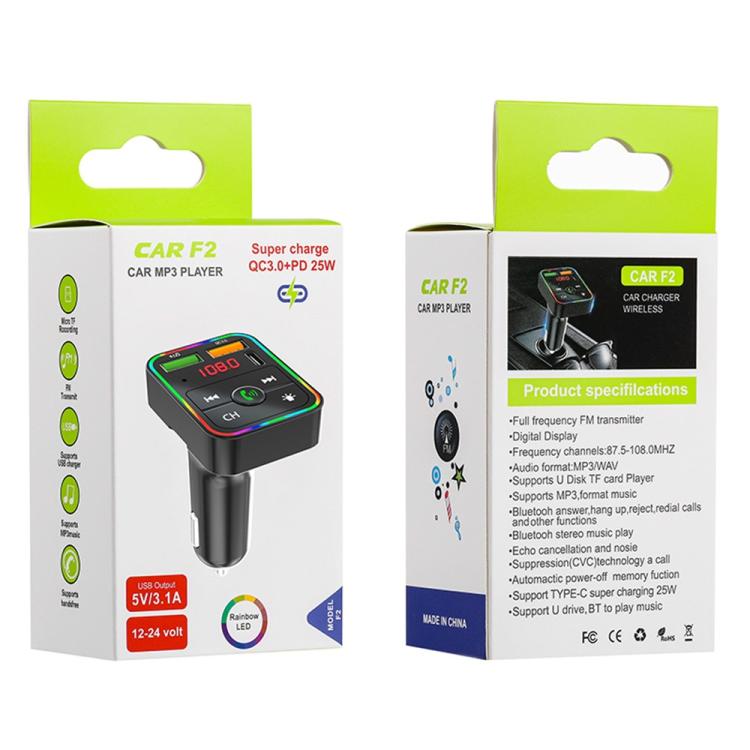 PDF2 With Ambient Light Fast Charger FM Transmitter Bluetooth Hands Free Call MP3 Player, PDF2