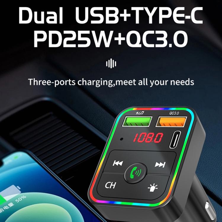 PDF2 With Ambient Light Fast Charger FM Transmitter Bluetooth Hands Free Call MP3 Player, PDF2