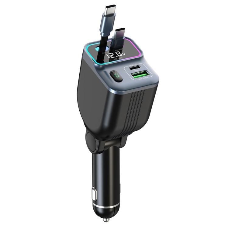 GC15 With Dual Retractable Type-C Cables Real Time Voltage Monitor Fast Charging Car Charger, GC15