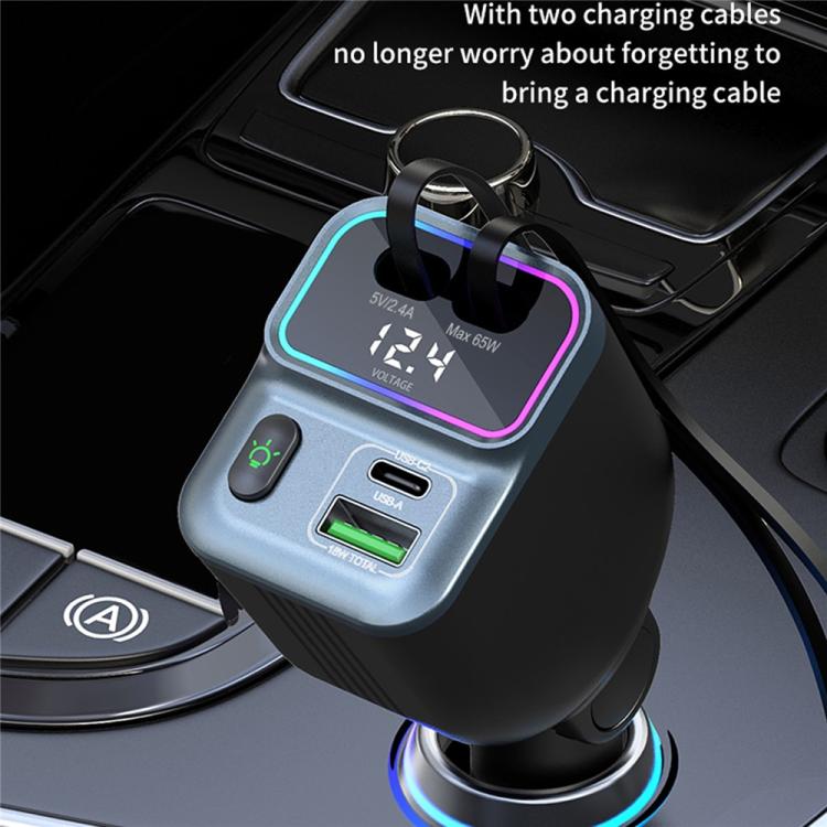 GC15 With Dual Retractable Type-C Cables Real Time Voltage Monitor Fast Charging Car Charger, GC15