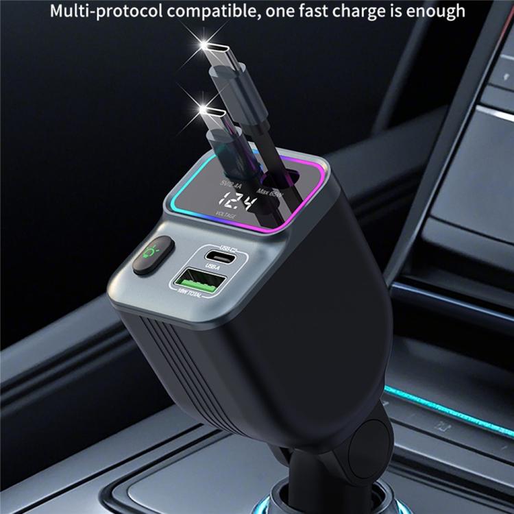 GC15 With Dual Retractable Type-C Cables Real Time Voltage Monitor Fast Charging Car Charger, GC15