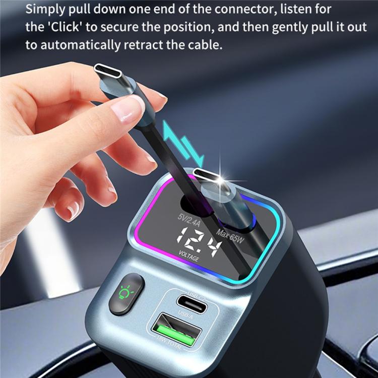 GC15 With Dual Retractable Type-C Cables Real Time Voltage Monitor Fast Charging Car Charger, GC15