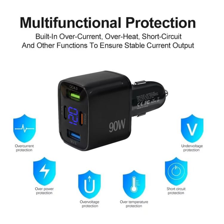 QC4.0 30W + PD3.0 30W LED Digital Display Car Charger, TE-S01