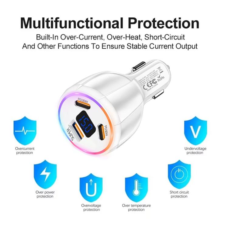 TE-S02 Display Screen PD30W x 2 and QC 30W Car Charger for Mobile Phones / Tablets, TE-S02