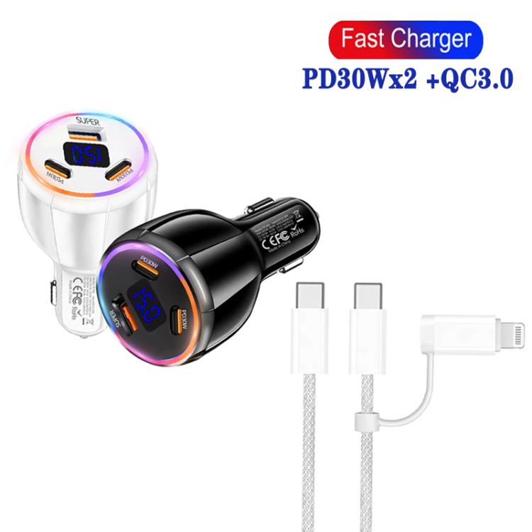 TE-S02 Display Screen PD30W x 2 + QC 30W Car Charger with Type-C to Type-C / 8-pin Data Cable, TE-S02 with Cable
