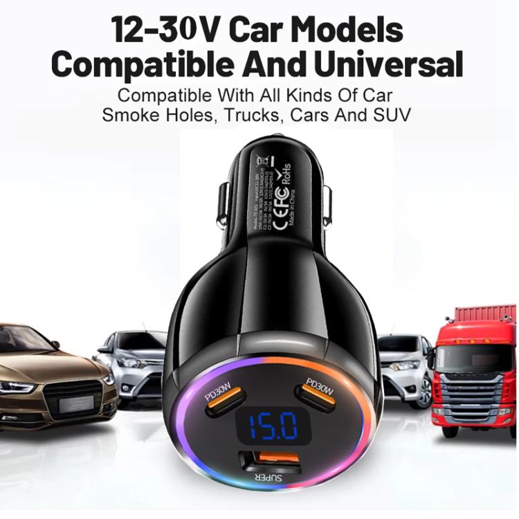 TE-S02 Display Screen PD30W x 2 + QC 30W Car Charger with Type-C to Type-C / 8-pin Data Cable, TE-S02 with Cable