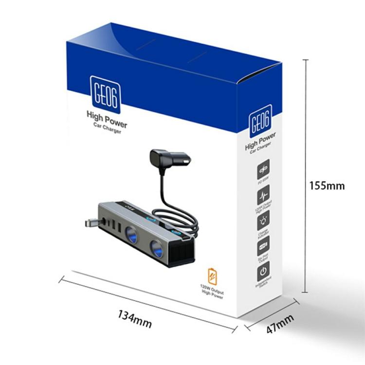 GE06 PD 65W Fast Charging Retractable Cable Voltage Display 120W Car Cigarette Lighter Splitter Adapter, GE06