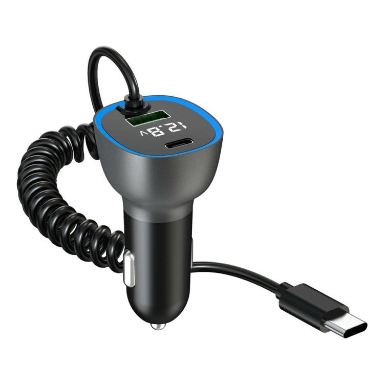 GE05 Retractable Cable USB + Type-C Car Charger Voltage Display PD 65W Fast Charging Adapter, GE05