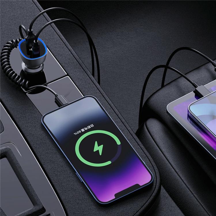 GE05 Retractable Cable USB + Type-C Car Charger Voltage Display PD 65W Fast Charging Adapter, GE05
