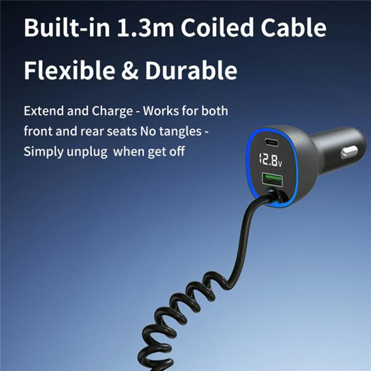 GE05 Retractable Cable USB + Type-C Car Charger Voltage Display PD 65W Fast Charging Adapter, GE05