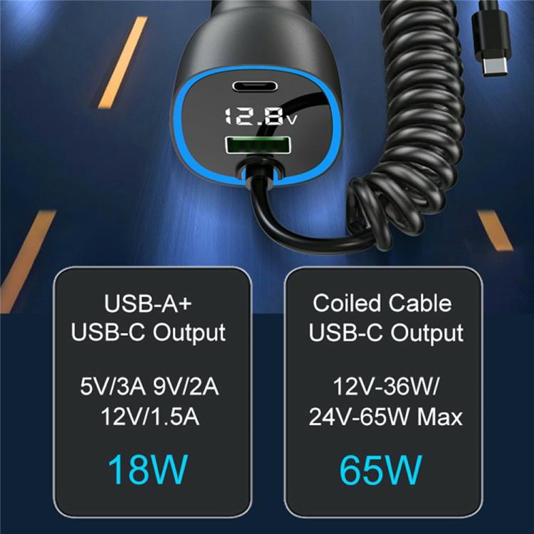 GE05 Retractable Cable USB + Type-C Car Charger Voltage Display PD 65W Fast Charging Adapter, GE05