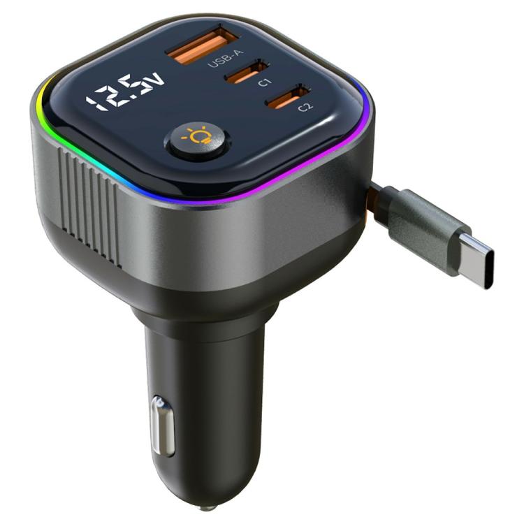 GE03 PD 65W Fast Charging Adapter Retractable Cable and Ambient Light Voltage Display Car Charger, GE03