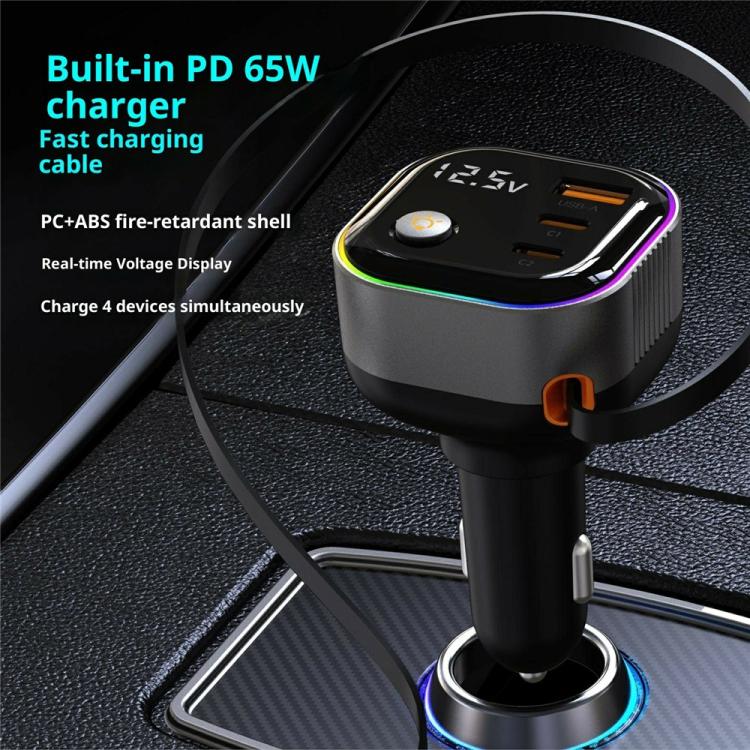 GE03 PD 65W Fast Charging Adapter Retractable Cable and Ambient Light Voltage Display Car Charger, GE03