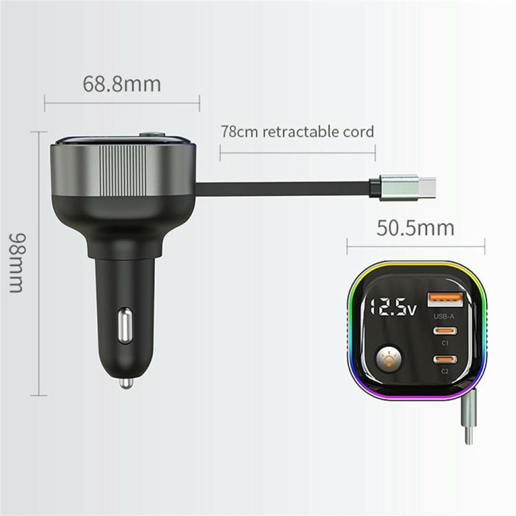 GE03 PD 65W Fast Charging Adapter Retractable Cable and Ambient Light Voltage Display Car Charger, GE03