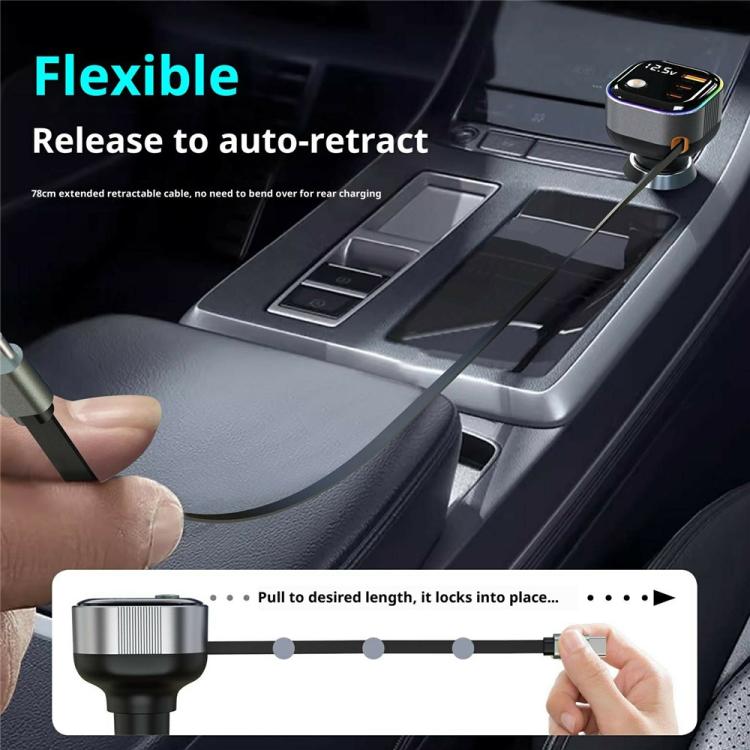 GE03 PD 65W Fast Charging Adapter Retractable Cable and Ambient Light Voltage Display Car Charger, GE03