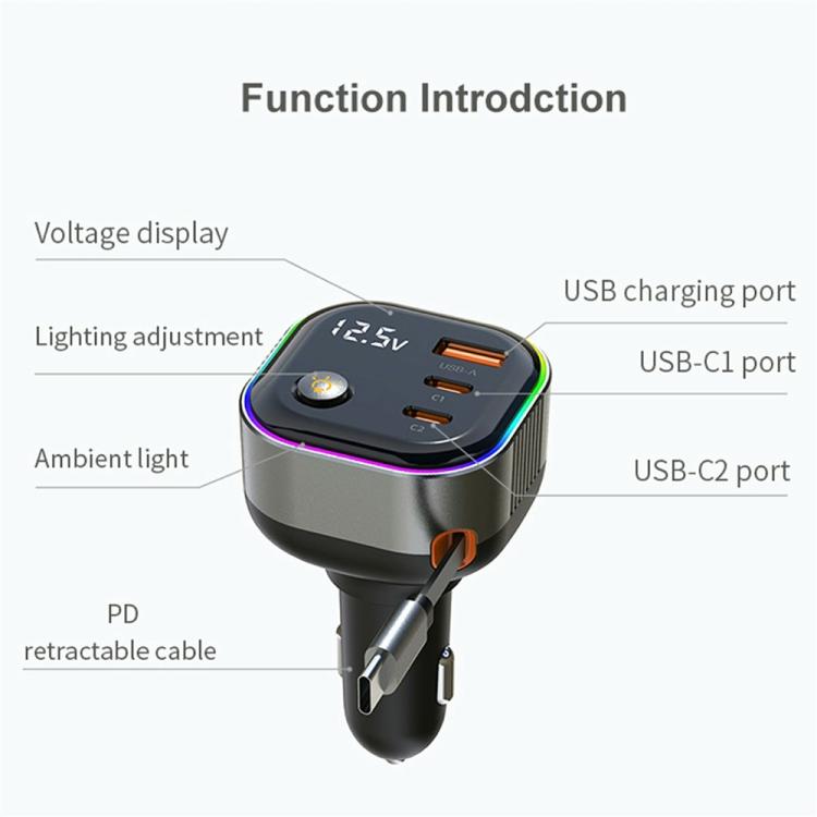GE03 PD 65W Fast Charging Adapter Retractable Cable and Ambient Light Voltage Display Car Charger, GE03