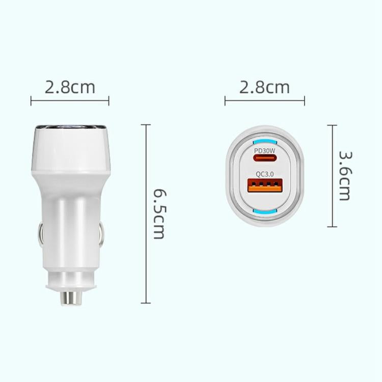 A6 USB and Type-C Dual Port Car Charger QC3.0 + PD 30W Fast Charger with Ambient Light, A6