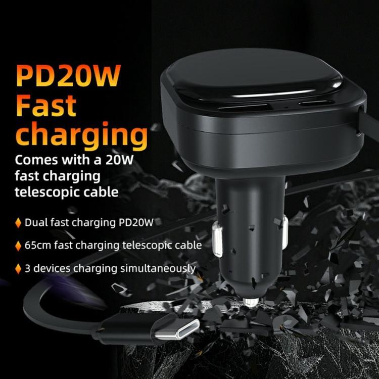 K8 PD 20W and QC 18W Fast Charger USB-A and USB-C Dual Port Car Charger with Retractable Type-C Cable, K8