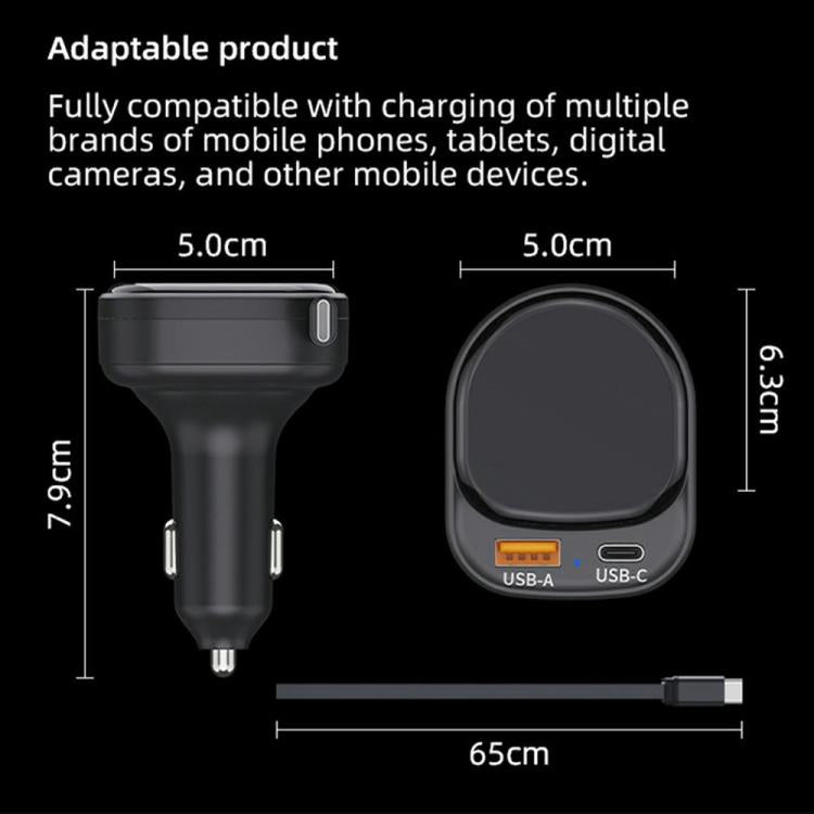 K8 PD 20W and QC 18W Fast Charger USB-A and USB-C Dual Port Car Charger with Retractable Type-C Cable, K8