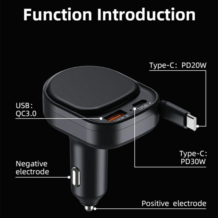 K8 PD 20W and QC 18W Fast Charger USB-A and USB-C Dual Port Car Charger with Retractable Type-C Cable, K8
