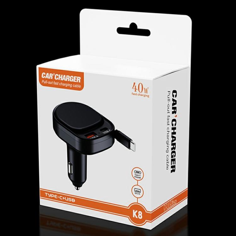 K8 PD 20W and QC 18W Fast Charger USB-A and USB-C Dual Port Car Charger with Retractable Type-C Cable, K8
