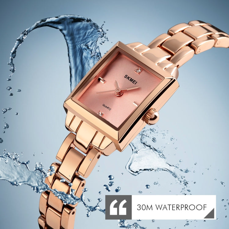 SKMEI 1407 Business Fashion Watch with Diamonds Delicate and Elegant Square Zinc Alloy Quartz Watch for Women, Rose Gold, Silvery