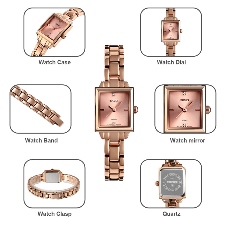 SKMEI 1407 Business Fashion Watch with Diamonds Delicate and Elegant Square Zinc Alloy Quartz Watch for Women, Rose Gold, Silvery