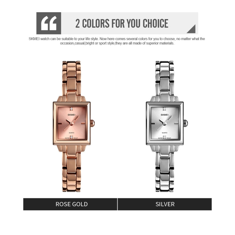 SKMEI 1407 Business Fashion Watch with Diamonds Delicate and Elegant Square Zinc Alloy Quartz Watch for Women, Rose Gold, Silvery