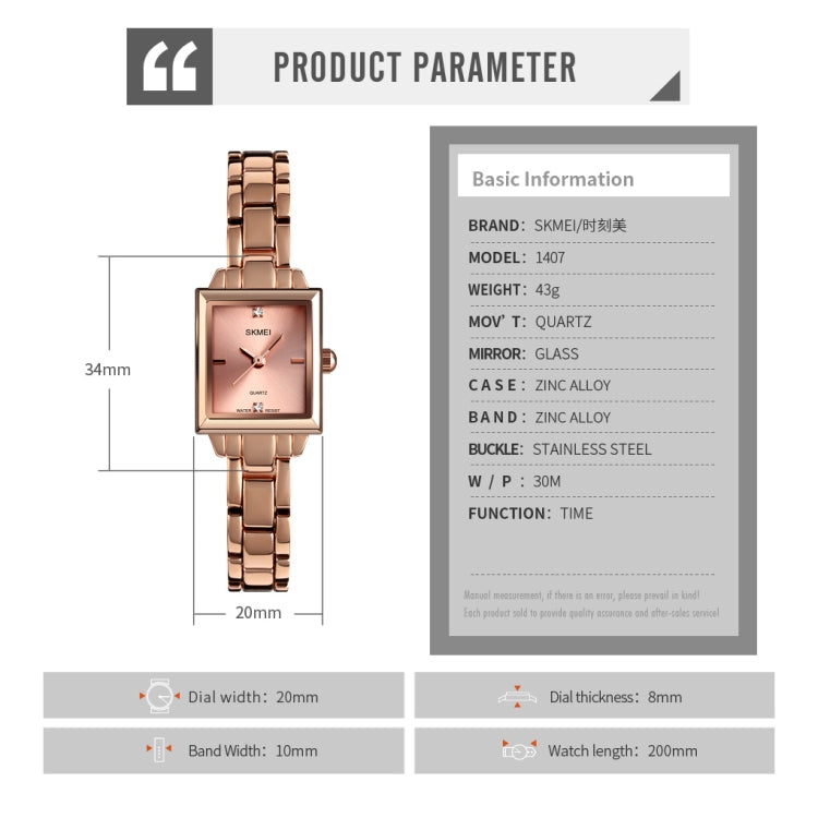 SKMEI 1407 Business Fashion Watch with Diamonds Delicate and Elegant Square Zinc Alloy Quartz Watch for Women, Rose Gold, Silvery