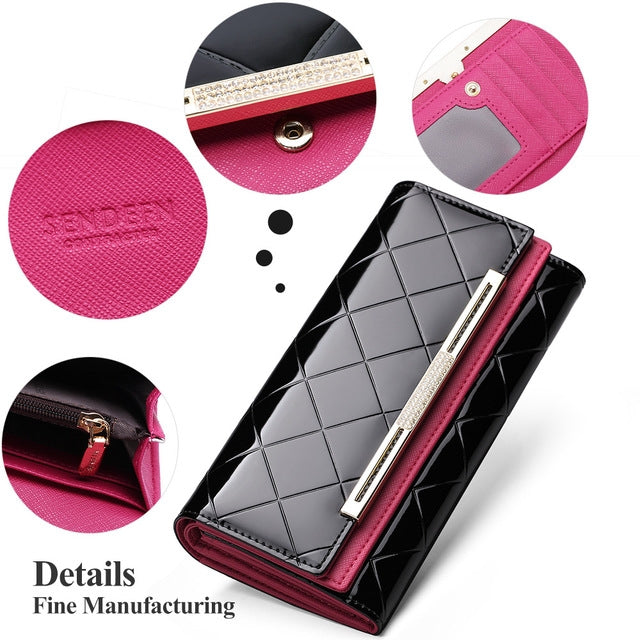 Cowhide Leather Wallet Luxury Design Ladies Party Clutch Patent Leather Purses Long Card Holder