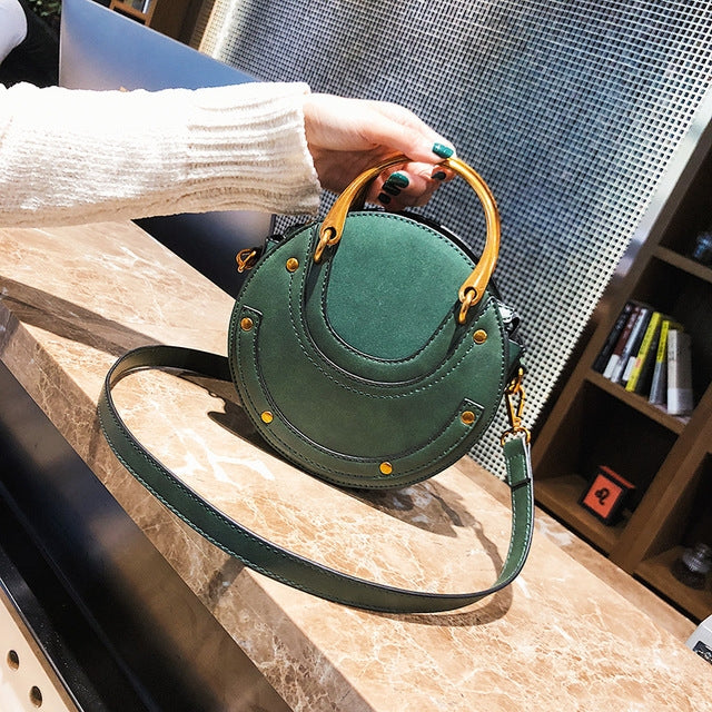 Circular Scrub PU Leather Women Bags Retro Handbag Shoulder Mini Bag