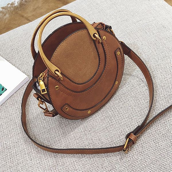 Circular Scrub PU Leather Women Bags Retro Handbag Shoulder Mini Bag