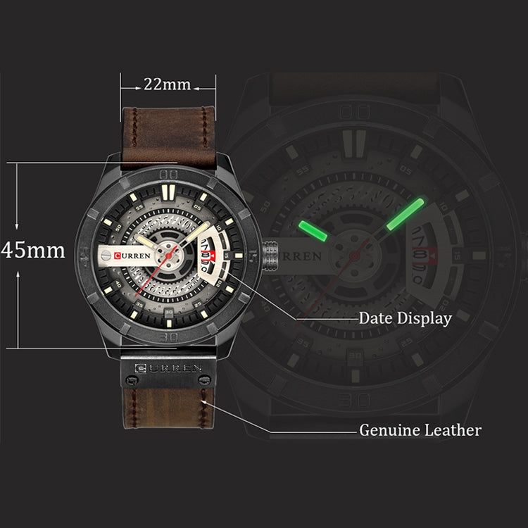 CURREN M8301 Men Military Sports Watch Quartz Date Clock Leather Wristwatch, black case orange, black case red, black case black face deep brown band, black case grey face light brown band, black case blue