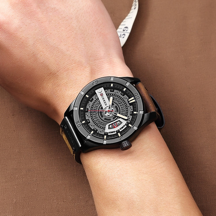 CURREN M8301 Men Military Sports Watch Quartz Date Clock Leather Wristwatch, black case orange, black case red, black case black face deep brown band, black case grey face light brown band, black case blue