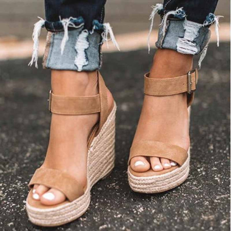 Fish Mouth Wedge Bottom Belt Buckle Hemp Rope Women Sandals, 37, 38, 39, 40, 43