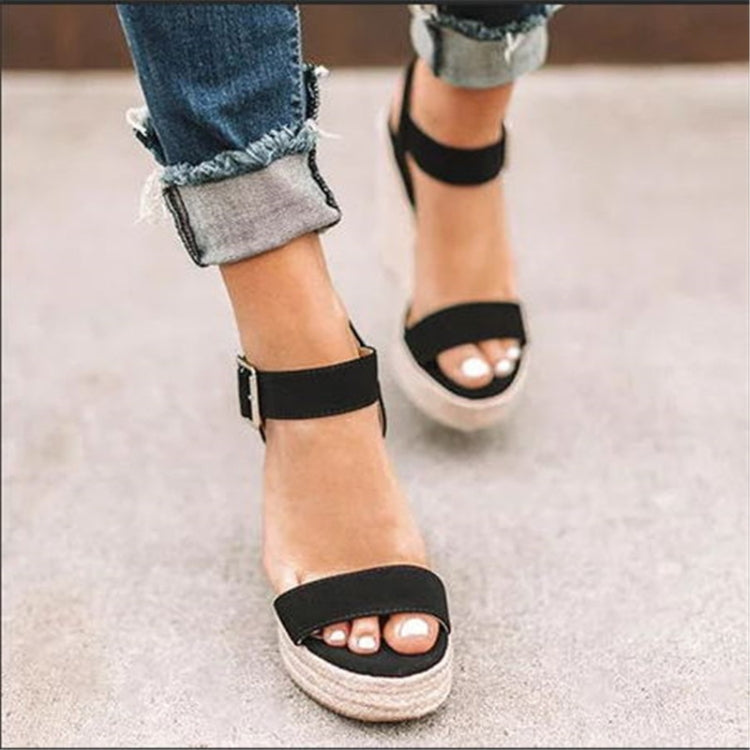 Fish Mouth Wedge Bottom Belt Buckle Hemp Rope Women Sandals, 37, 38, 39, 40, 43