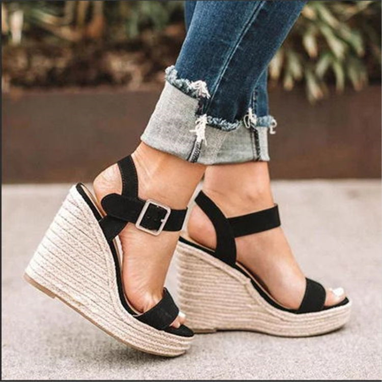 Fish Mouth Wedge Bottom Belt Buckle Hemp Rope Women Sandals, 37, 38, 39, 40, 43