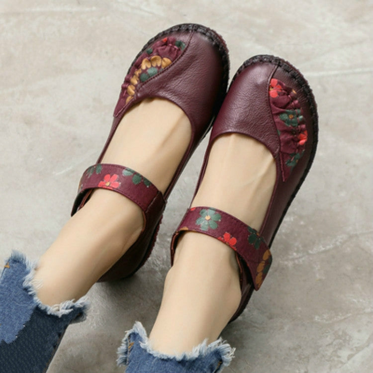 Flower Round Toe Soft Bottom Vintage Leather Flat Shoes, 35, 36, 37, 38, 39, 40, 41, 42