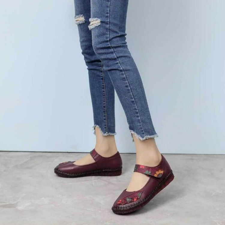 Flower Round Toe Soft Bottom Vintage Leather Flat Shoes, 35, 36, 37, 38, 39, 40, 41, 42