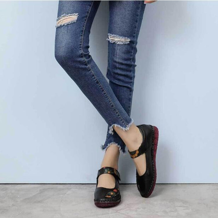 Flower Round Toe Soft Bottom Vintage Leather Flat Shoes, 35, 36, 37, 38, 39, 40, 41, 42