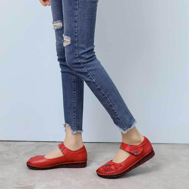 Flower Round Toe Soft Bottom Vintage Leather Flat Shoes, 35, 36, 37, 38, 39, 40, 41, 42