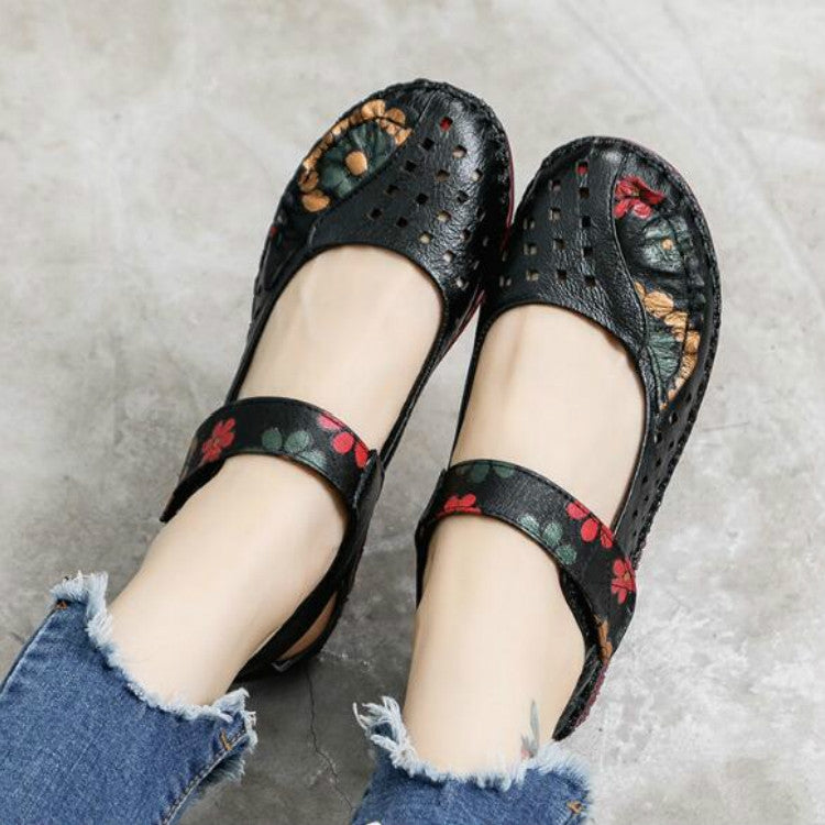 Flower Round Toe Soft Bottom Vintage Leather Flat Shoes, 35, 36, 37, 38, 39, 40, 41, 42